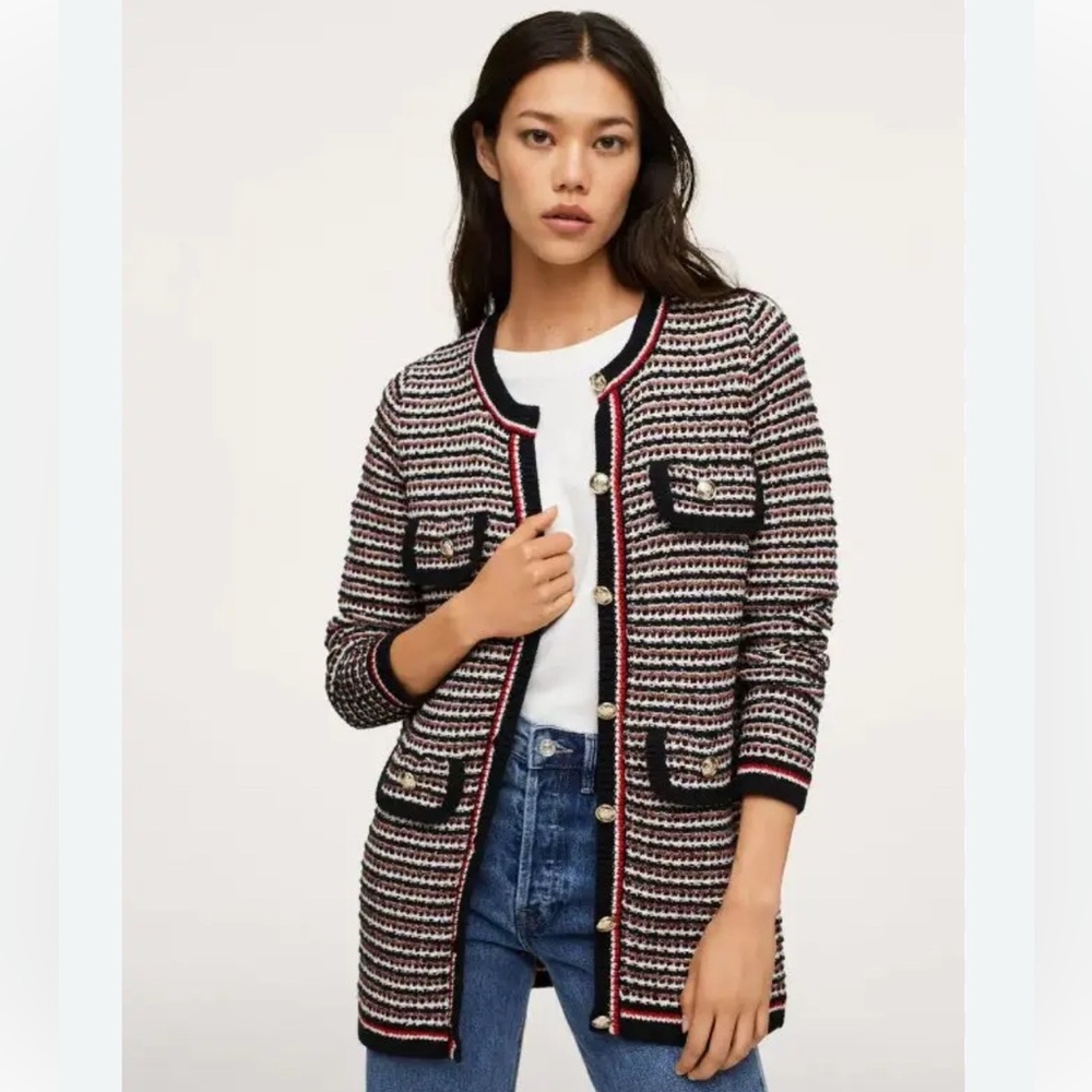 Mango Chic Striped Cardigan with Gold Buttons